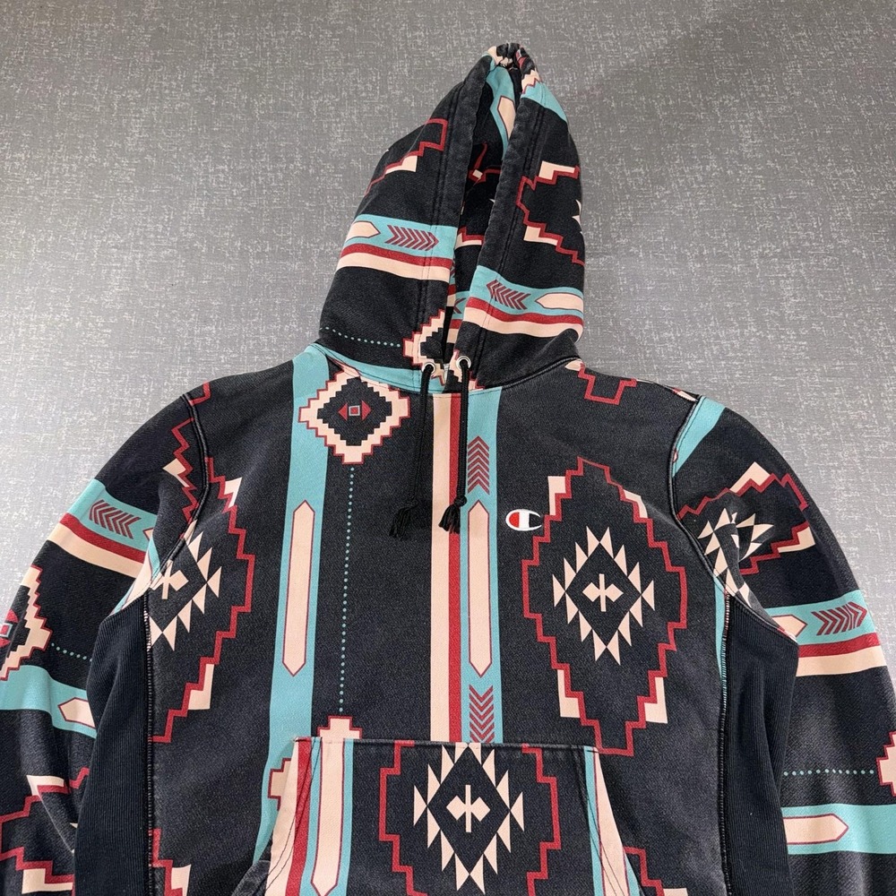 Champion Reverse Weave Hoodie Mens Medium Black Aztec Geometric Fleece Pullover - Picture 2 of 10